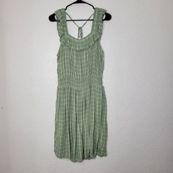 Maurices Light Green Plaid Ruffle Trim Sleeveless Square Neckline Mini Dress - Picture 2 of 10